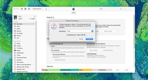  Restoring your iPad using a previous iTunes backup 