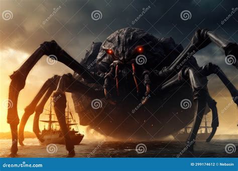 A Horrifying Encounter: A Colossal Arachnid Engages a Town