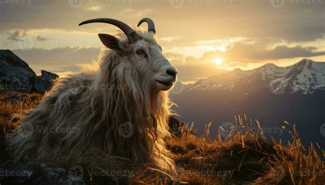 A Mesmerizing Journey: Descending a Hillside with a Majestic Horned Goat