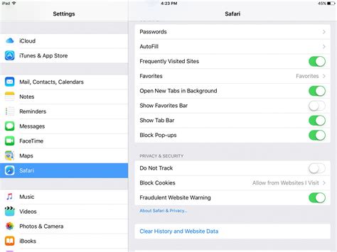 Accessing Safari preferences on your tablet device