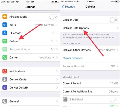 Accessing the Cellular Data Network settings