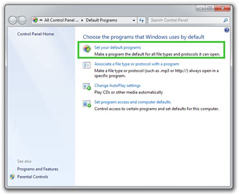 Accessing the Default Programs settings in the Windows operating system