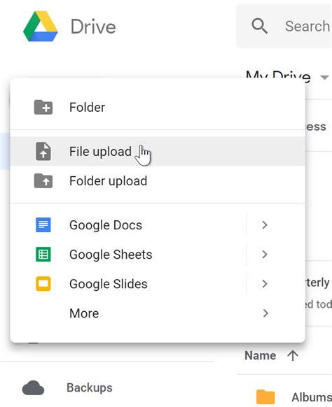 Accessing the File Upload Feature in Google Drive