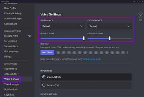 Checking audio settings in Discord