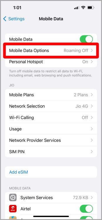 Disabled roaming option in iPhone settings