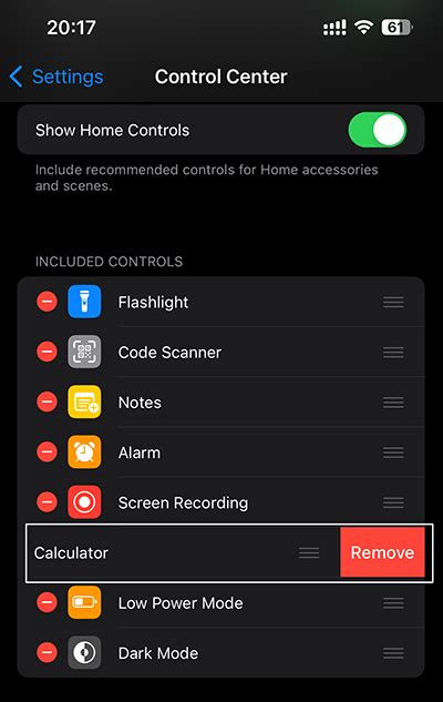 Removing the Calculator from Control Center