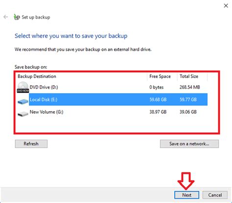 Selecting Disk D as the Destination for Your Backup